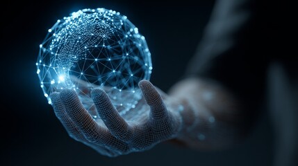 A hand holds a glowing digital globe, symbolizing innovation and connectivity.