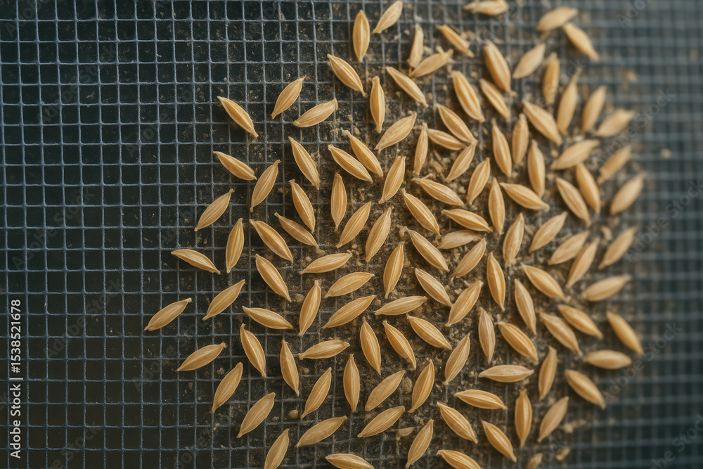 Poster rice grain on black mesh sieve used in mill production process for cleaning and sorting agricultural