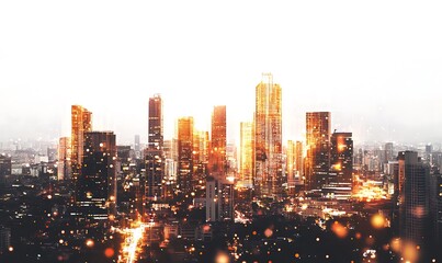 Evening view of numerous brightly lit skyscrapers within a city