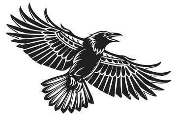 Black raven soars with stylized wings wide open, mouth agape, against white backdrop