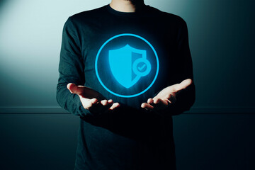 hand of businessman interactive touching a holographic of transaction financial network data...