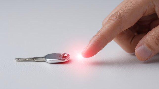 A hand hovering over a car key, activating its red light, symbolizing modern technology.