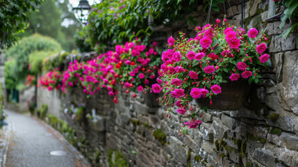 Hanging baskets of vibrant fuchsia flowers cascade over stone wall, creating picturesque scene along charming pathway