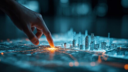 A hand interacting with a digital city map highlighting urban planning features.