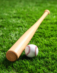 Wooden baseball bat and ball on fresh green grass. Sport game. Hobby and activity concept.