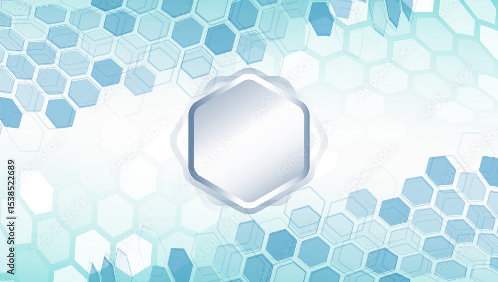 Poster Abstract background with 3D hexagons and central hexagonal frame for text. Futuristic blue-grey design, perfect for technical, scientific or medical presentations and banners.