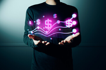 hand of businessman interactive touching a holographic of transaction financial network data...