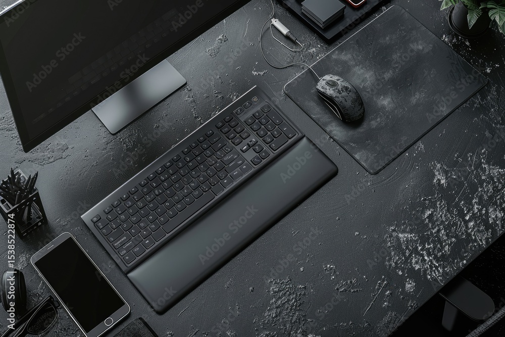 Aufkleber pixel perfect picture of a desk with a keyboard a phone and a monitor on it