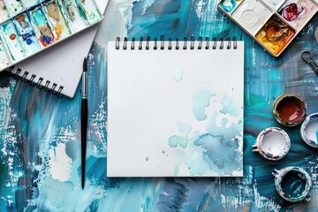 Ultra Quality Image of Top View Watercolor with Notepad on the Table