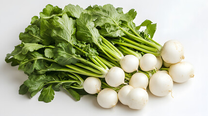 Fresh turnips with green leaves on a white background.