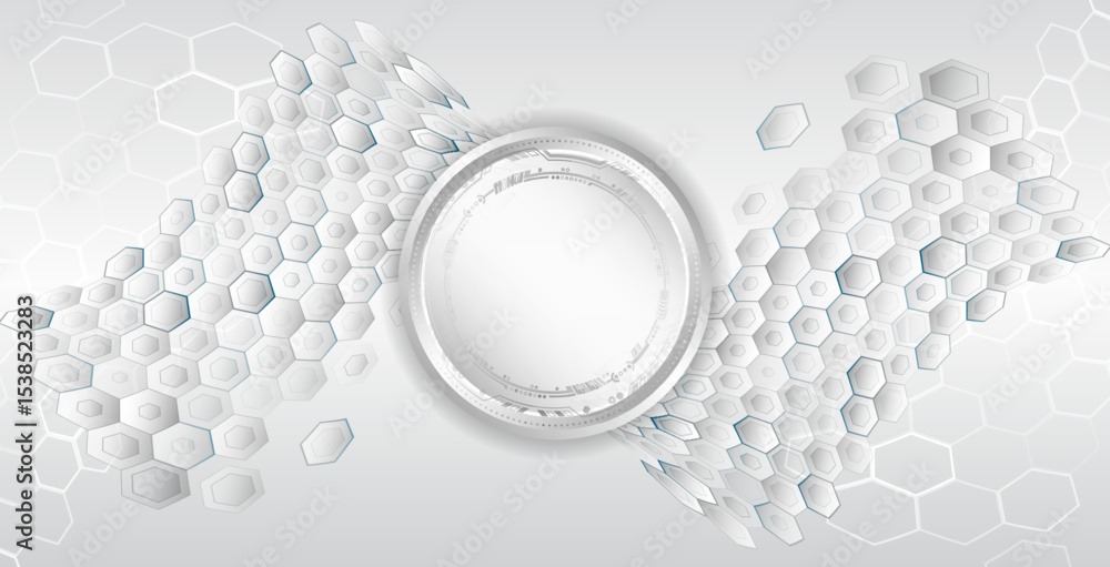 Poster abstract background with 3d hexagons and a central circular frame for text. futuristic gray design, 