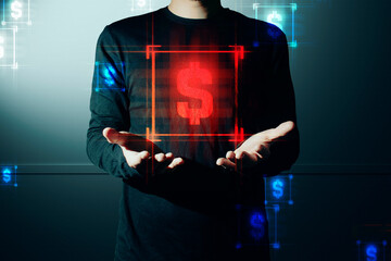 hand of businessman interactive touching a holographic of transaction financial network data...