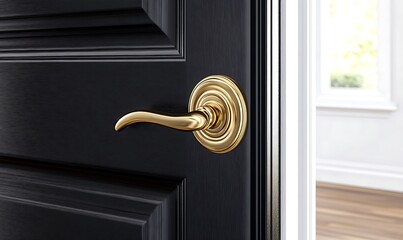 A golden door handle is attached to a black panel door