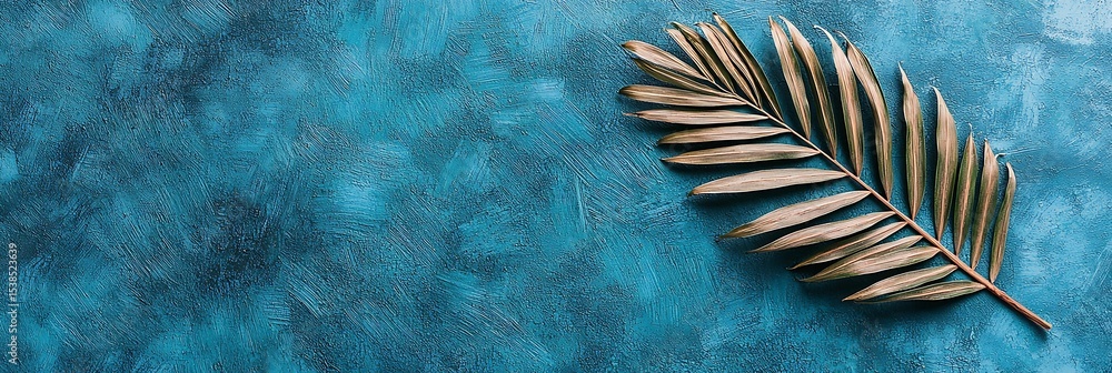 Poster a single golden palm leaf rests on a textured blue surface, creating a striking contrast between met
