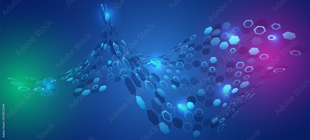 Aufkleber blue abstract background with wave-like shape of hexagons and light effects. used in design of techn