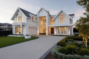 Stylish detached residence with arctic white vertical siding, smooth slate panel details, glowing golden hour light casting long