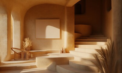 An artistic architectural interior with stairs and neutral colors is shown