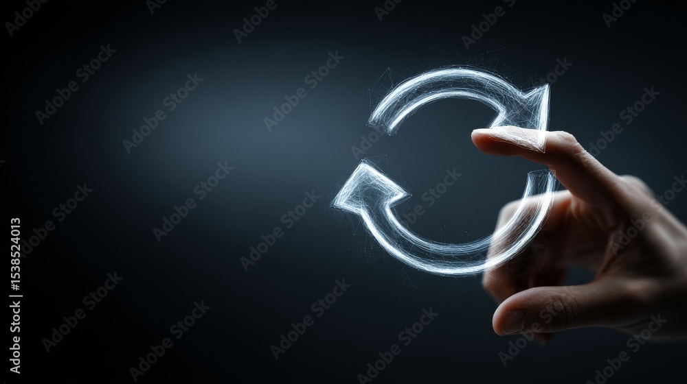 Poster a hand interacting with a glowing circular refresh symbol against a dark background.