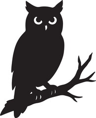 Cute cartoon owl with wide eyes sitting on a tree branch at night