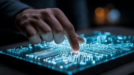 Fototapeta premium A hand interacting with a glowing circuit board, symbolizing innovation and technology.