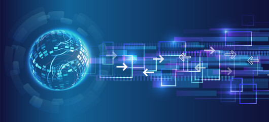 Futuristic digital background with glowing sphere, pixel lines and directional arrows. Concept of data exchange, network technologies and information flow. Ideal for presentations and IT design.