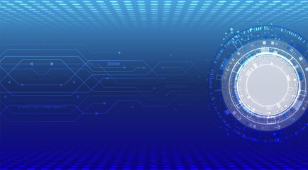 Futuristic blue digital background with abstract circuit lines and a circular HUD interface. Ideal for tech presentations, cybersecurity themes, and innovation-related designs.