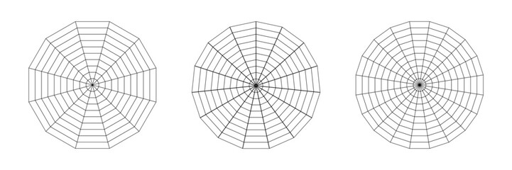 Obraz premium Kiviat blank spider radar chart with twelve, fifteen and twenty segments. Sample of fifteen-angle, twelve-angle and twenty-angle chart. Analysis template. Vector illustration