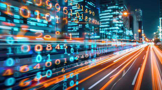 Digital cityscape with blurred lights and falling binary numbers creates futuristic atmosphere. vibrant colors enhance sense of motion