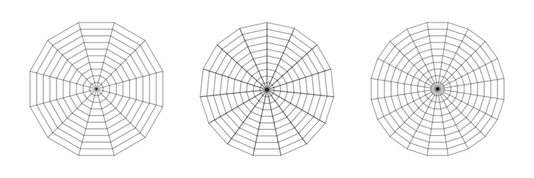 Kiviat blank spider radar chart with twelve, fifteen and twenty segments. Sample of fifteen-angle, twelve-angle and twenty-angle chart. Analysis template. Vector illustration