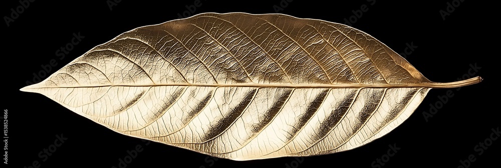 Poster a close-up image of a golden leaf showcasing intricate veins and texture on a black background.