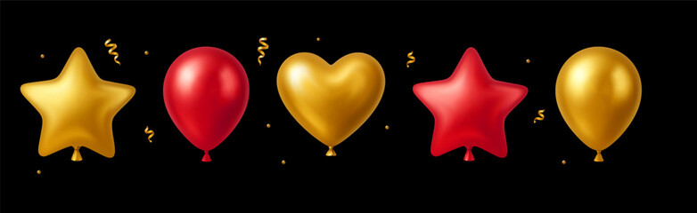 3d  Balloon Gold Red Golden Luxury Confetti Element Gift StarHeart Ball Balloons Icon Vector Card