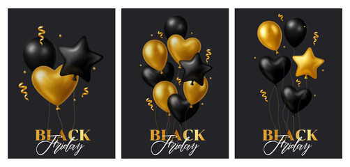 3d Balloon Black Friday Party Card Set Gift Gold Black Ball Balloons Vector Invitation Card Realistic Celebration