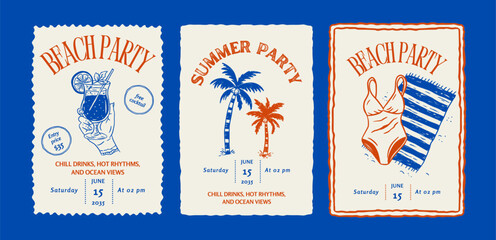 Summer Postcard Vintage Beach Whimsical Doodle Poster Set Sketch Travel Vector Vacation
