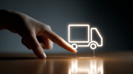 A hand interacting with a glowing truck icon, symbolizing logistics and delivery.