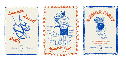 Summer PartyPostcard Vintage Beach Whimsical Doodle Poster Set Sketch Travel Vector Vacation