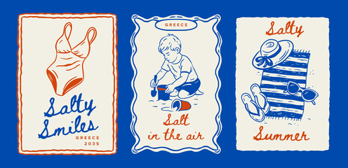 Summer Postcard Vintage Beach Whimsical Doodle Poster Set Sketch Travel Vector Vacation Swimsuit...