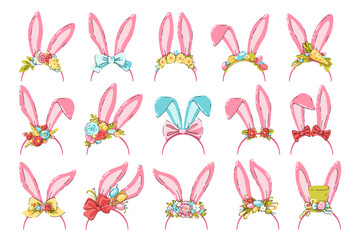  Set of cute bunny ears. Headbands with Easter rabbit ears, Easter eggs, flowers, bows, carrots. Festive Easter hair hoops. Masks  Cartoon. Attributes of costume. Vector illustration isolated