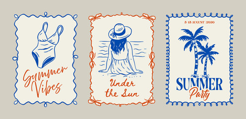 Summer Postcard Vintage Beach Whimsical Doodle Poster Set Sketch Travel Vector Vacation