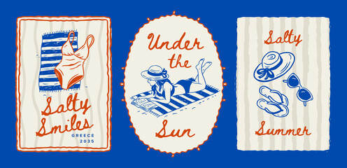 Summer Postcard Vintage Beach Whimsical Doodle Poster Set Sketch Travel Vector Vacation