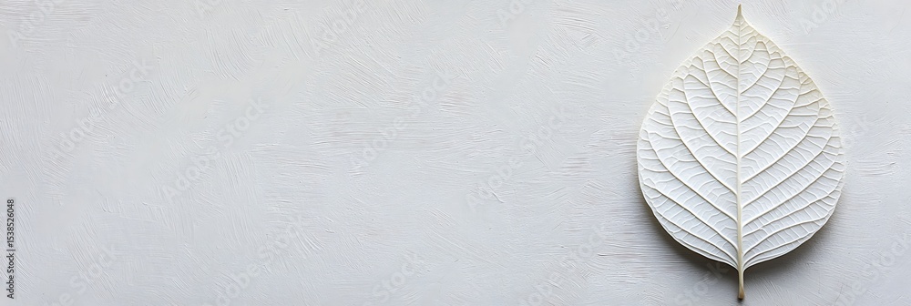 Poster a delicate white leaf with visible veins rests on a textured, light grey surface, creating a minimal
