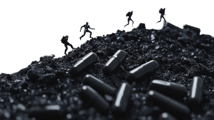 Dark medication concept with miniature human figures running on pharmaceutical pills