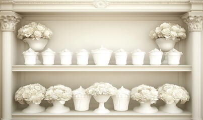 An all white shelf displays flowers and decorative cupcake containers
