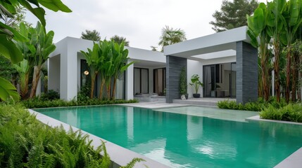 Fototapeta premium White geometric villa with sharp rectangular forms dark slate accents, surrounded tropical banana trees ferns, tranquil aquamarine pool