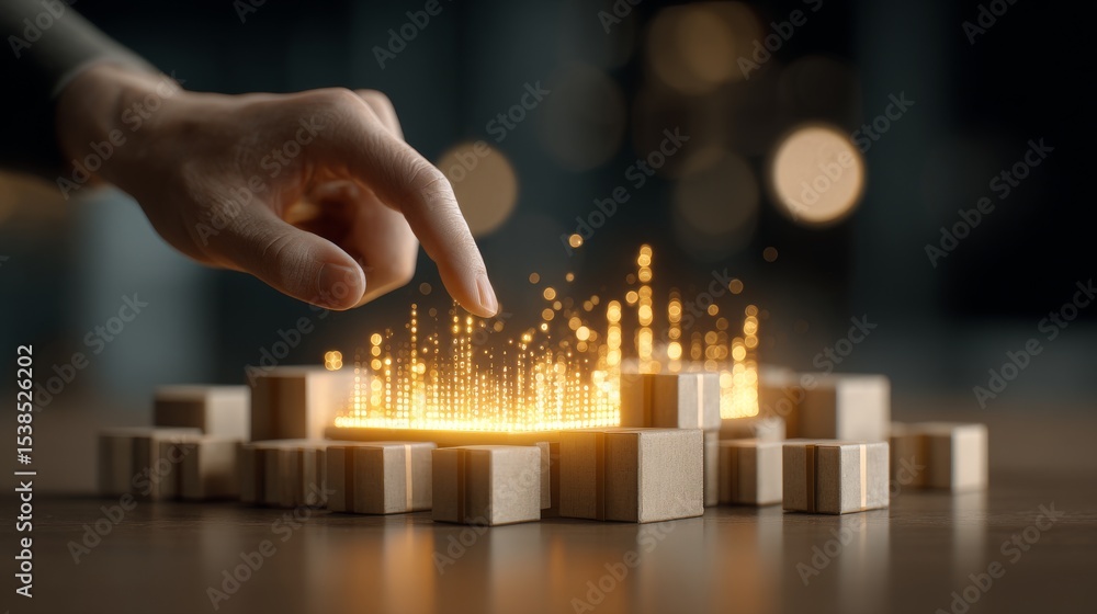 Poster a hand interacting with illuminated blocks, visualizing innovation and creativity.