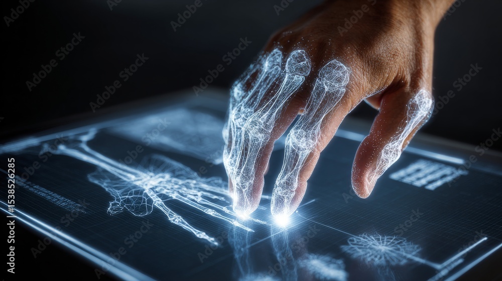 Poster a hand interacts with a digital display showcasing skeletal information in 3d.