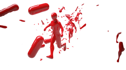 Red figure bursting into fragments, running through a field of capsule pills