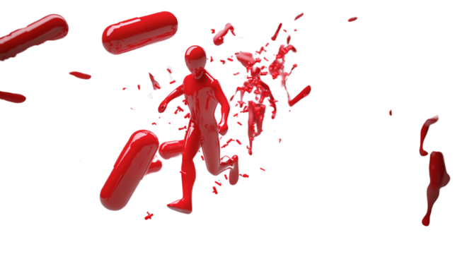 Red figure bursting into fragments, running through a field of capsule pills