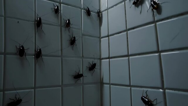 Cockroaches crawling on bathroom tiles