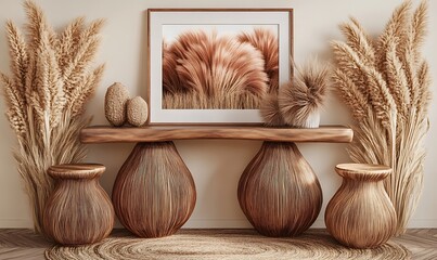 A carefully decorated interior scene with natural and earthy decor