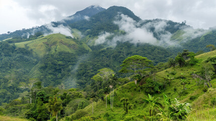 Fototapeta premium Misty mountain landscape with lush green forested slopes and clouds hovering above, creating serene and tranquil atmosphere